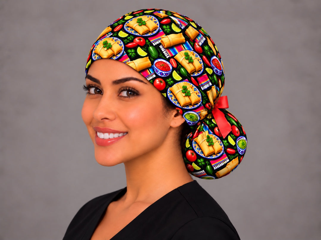 Three-quarter angle of a smiling healthcare worker in a tamale ponytail cap, with salsa verde bowls and green chiles on the pouch shown at true print scale