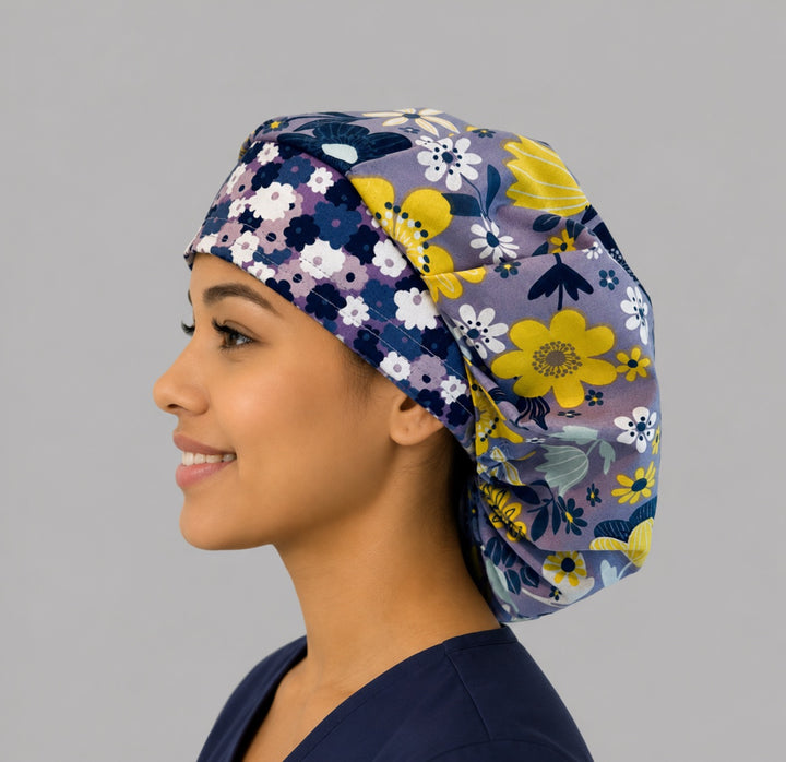 Lavender bloom bouffant cap for women, opposite side view — yellow and white floral print, handmade cotton surgical cap, USA made