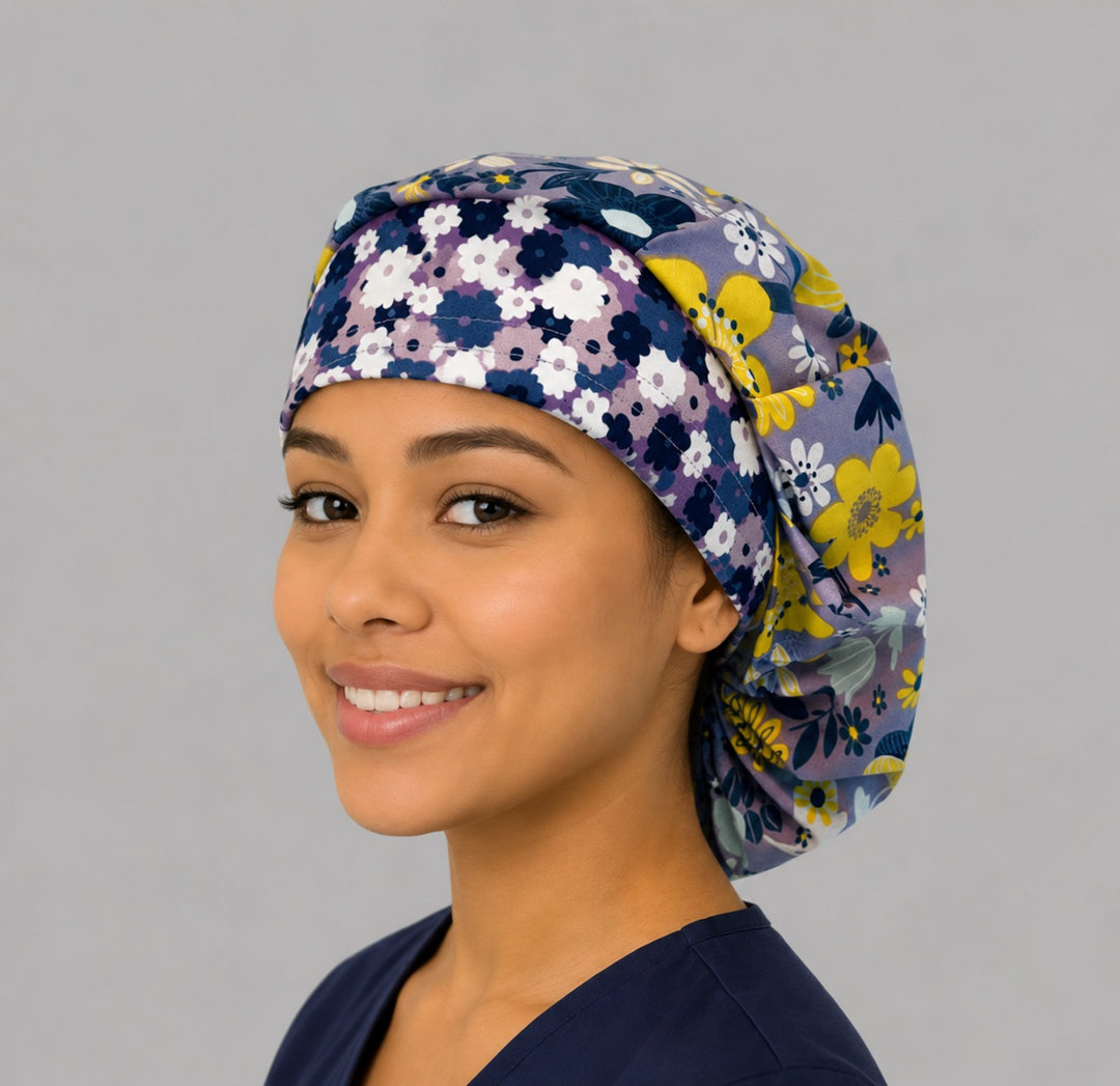 Lavender floral bouffant surgical cap for women, angled smiling view — yellow and white blooms on purple, roomy cap that secures long thick hair