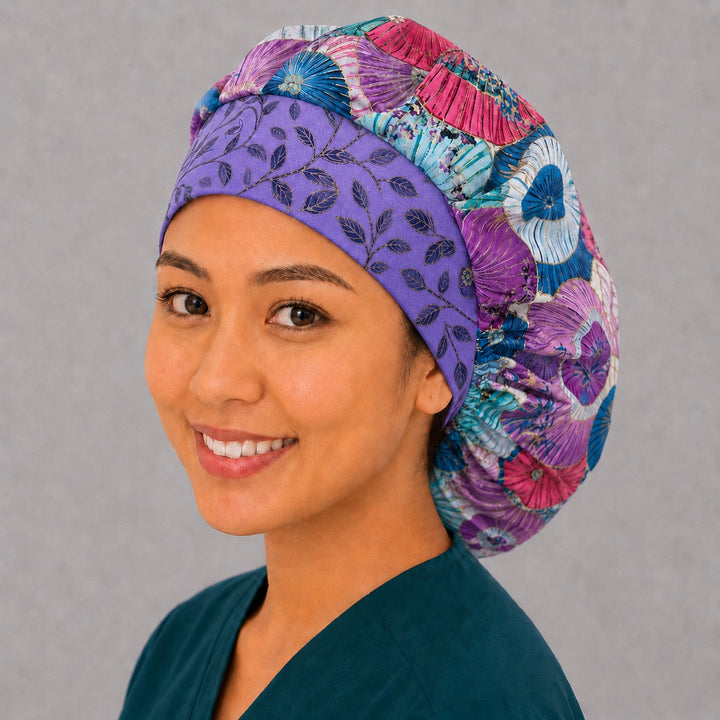 Lavender leaf band bouffant surgical cap for long hair, angled view — deep gathered fit that secures thick or braided hair