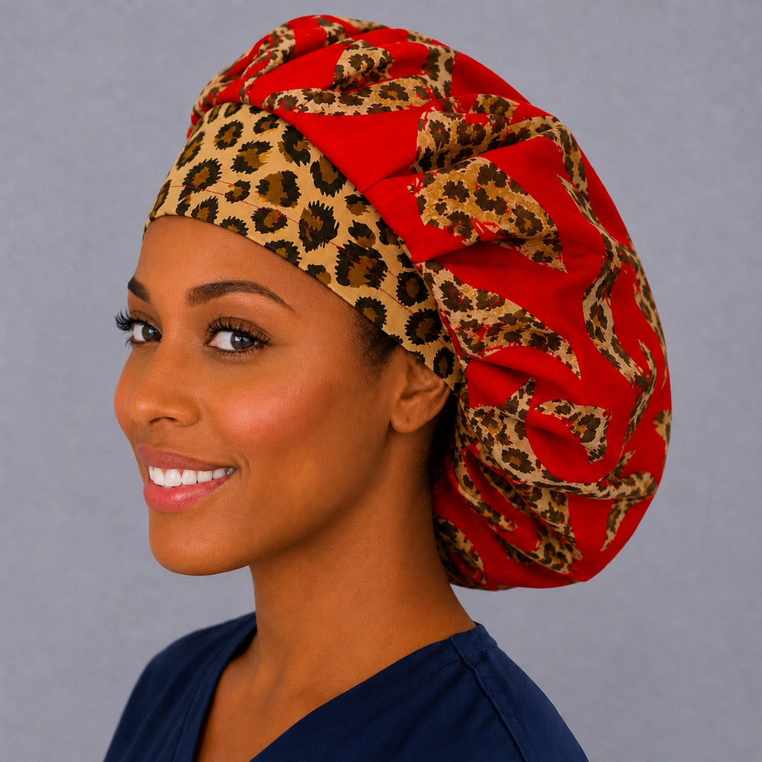 Leopard band bouffant surgical cap for long hair, left angled view — deep gathered fit that secures thick or braided hair