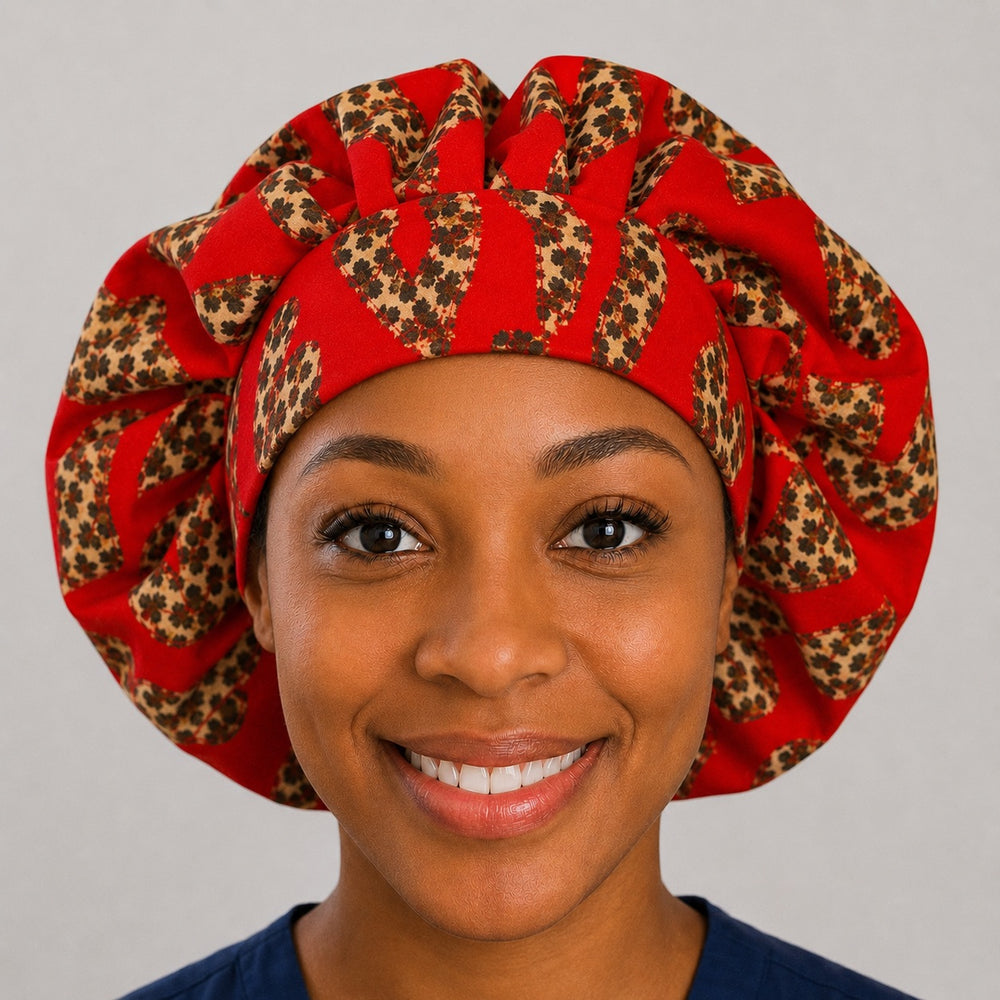 Woman wearing a leopard heart bouffant scrub cap, front view — cheetah-print hearts on vibrant red, adjustable women's surgical hat