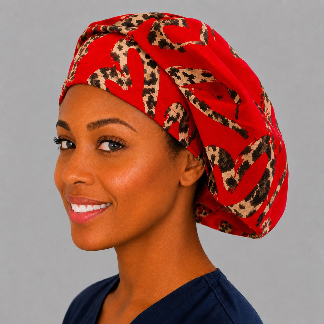 Leopard print bouffant surgical cap for long hair, left side profile — deep gathered fit that secures thick or braided hair