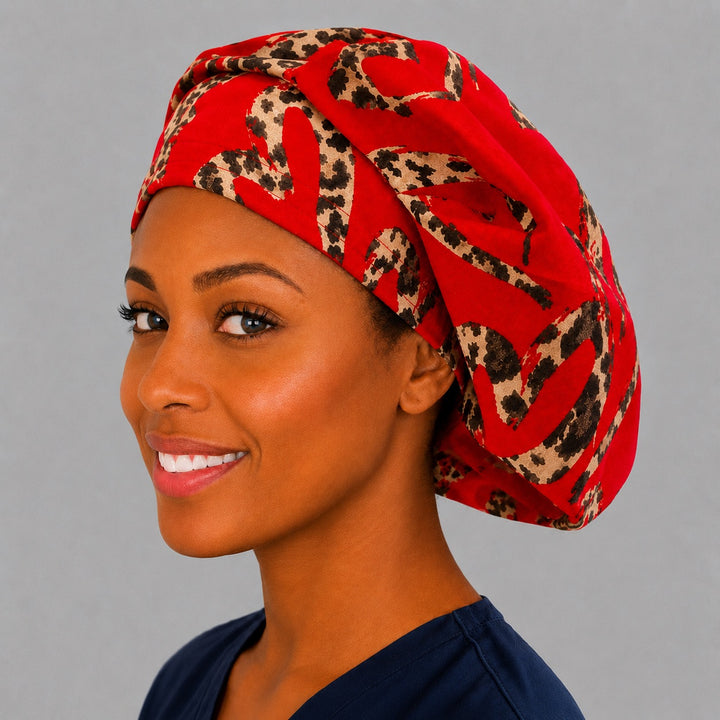 Leopard print bouffant surgical cap for long hair, left side profile — deep gathered fit that secures thick or braided hair