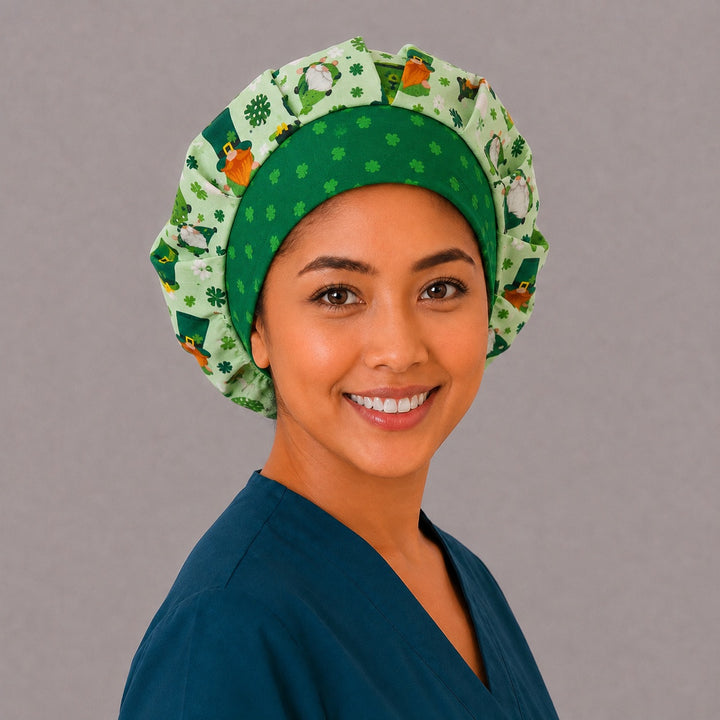 Leprechaun gnome bouffant scrub cap, left angled view — four-leaf clover and pot of gold print for OR nurses and surgical techs