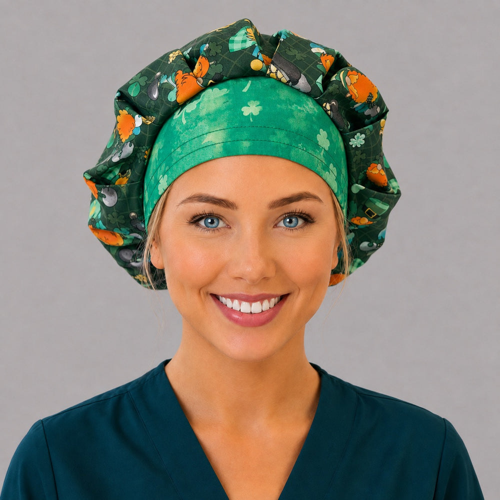 Left side profile of the leprechaun gnome bouffant surgical hat — jade shamrock band and dark green plaid gnome print, roomy breathable cotton cap for nurses