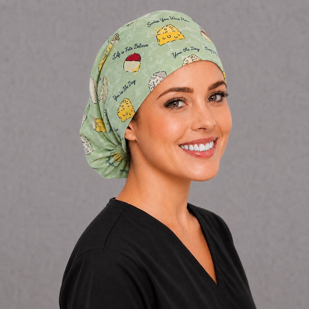 Let It Brie Euro cap for women, left side profile — handmade cheese pun surgical cap, USA made