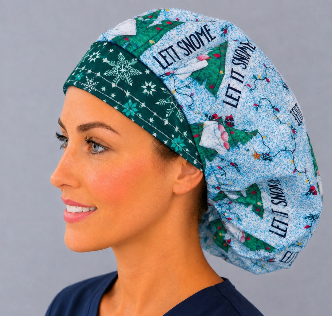 Let It Snome bouffant scrub cap, left side profile — green snowflake band with Christmas tree gnome print for OR nurses and surgical techs