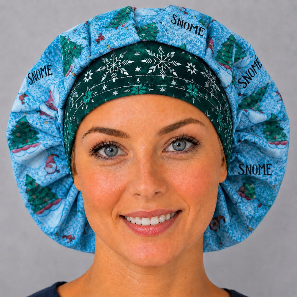 Woman wearing a Let It Snome Christmas gnome bouffant scrub cap, front view — sky blue tree gnomes with a green snowflake band, adjustable women's surgical hat