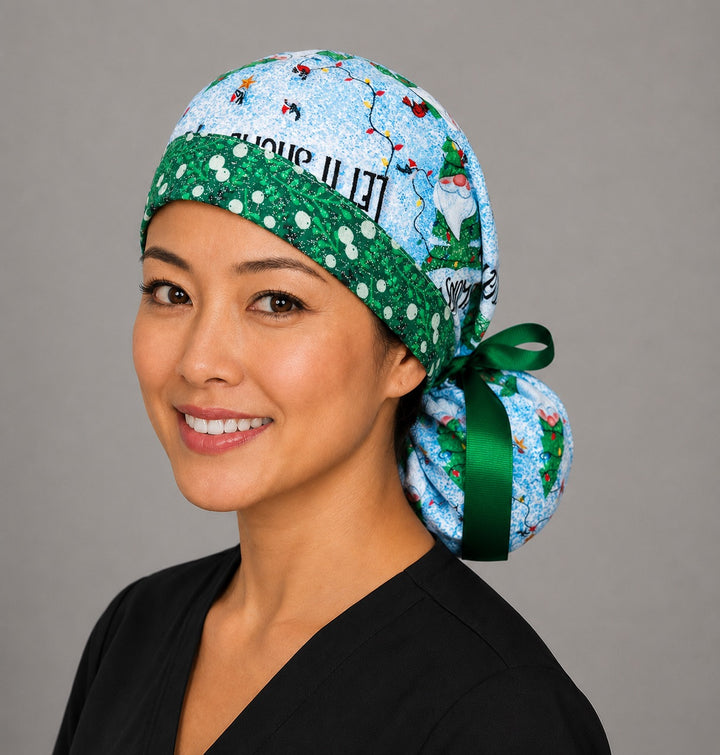 Let it Snome Christmas gnomes ponytail scrub cap right side profile with full ponytail pouch of tree-gnomes and cardinals and long green ribbon ties