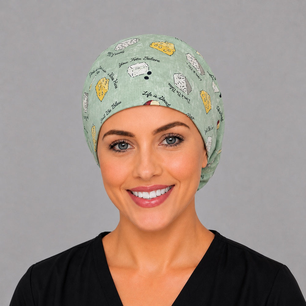 Right side profile of the Life is Gouda Euro surgical hat — Swiss and brie print, breathable cotton cap for OR nurses