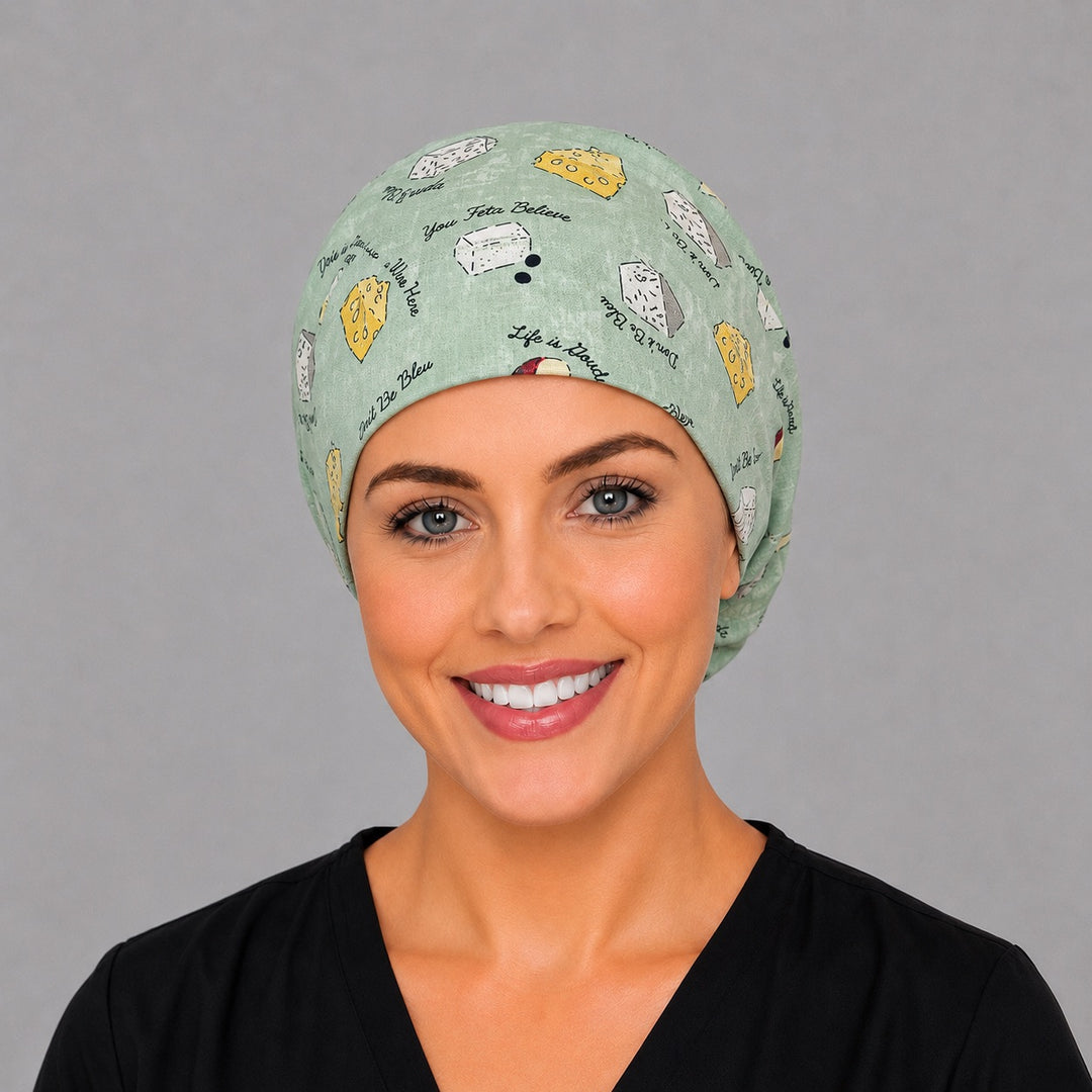 Right side profile of the Life is Gouda Euro surgical hat — Swiss and brie print, breathable cotton cap for OR nurses