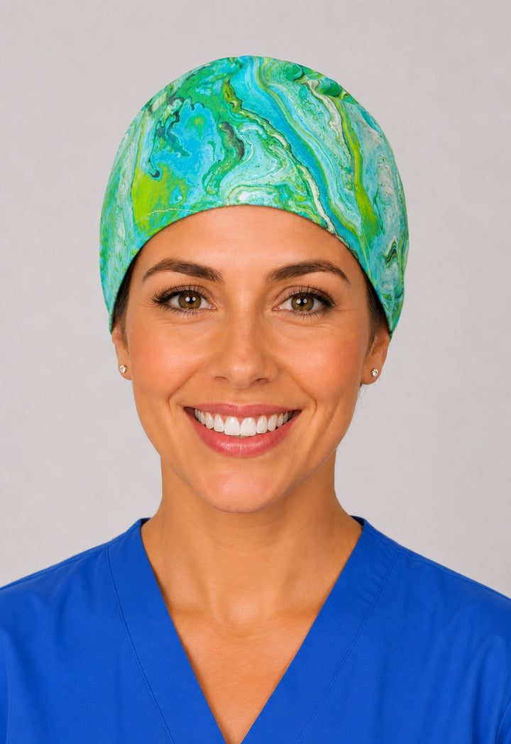 Left profile of limestone swirl scrub cap for women with short hair, green marbled OR cap