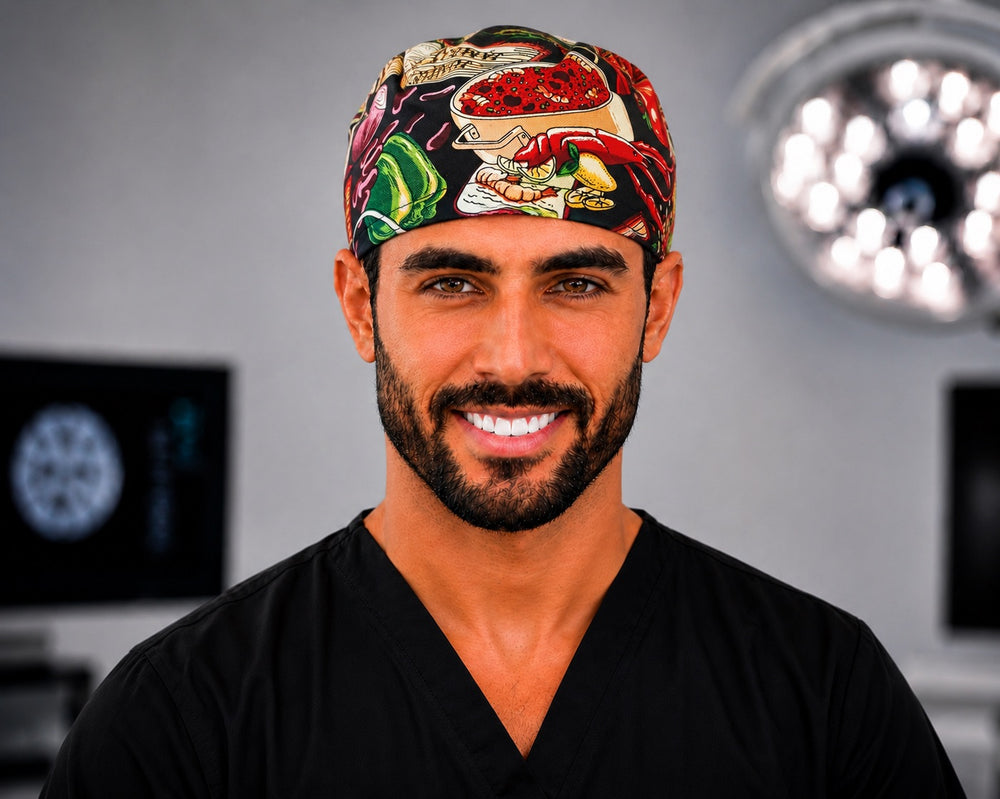 Louisiana Cajun Creole crawfish scrub cap with hot sauce and chili peppers, handmade men's tie-back surgical hat on male OR nurse, front view