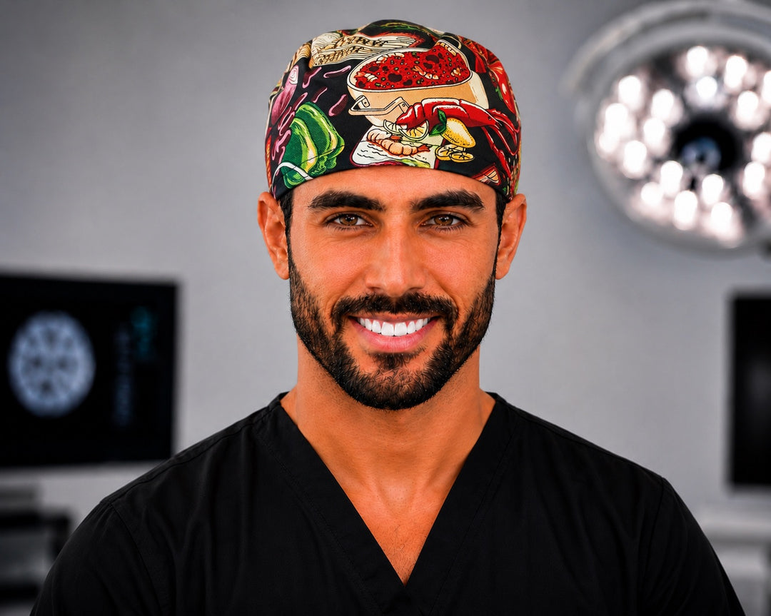 Louisiana Cajun Creole crawfish scrub cap with hot sauce and chili peppers, handmade men&