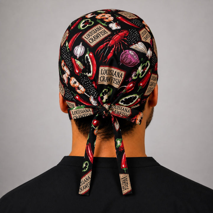 Back view of adjustable tie-back knot on Louisiana crawfish Cajun Creole scrub cap surgical hat for men