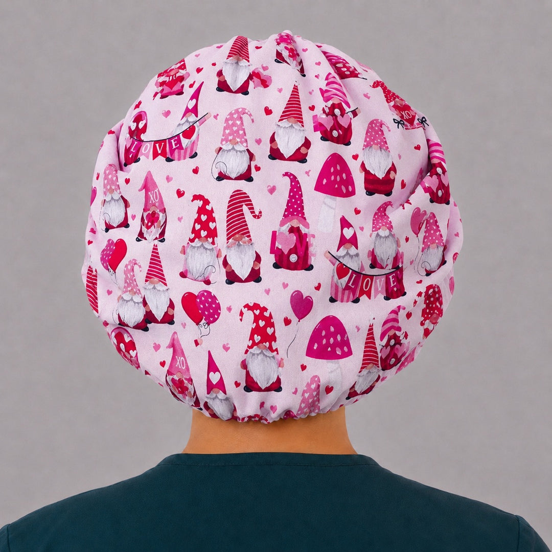 Love gnome bouffant cap for women, opposite side profile — handmade Valentine&