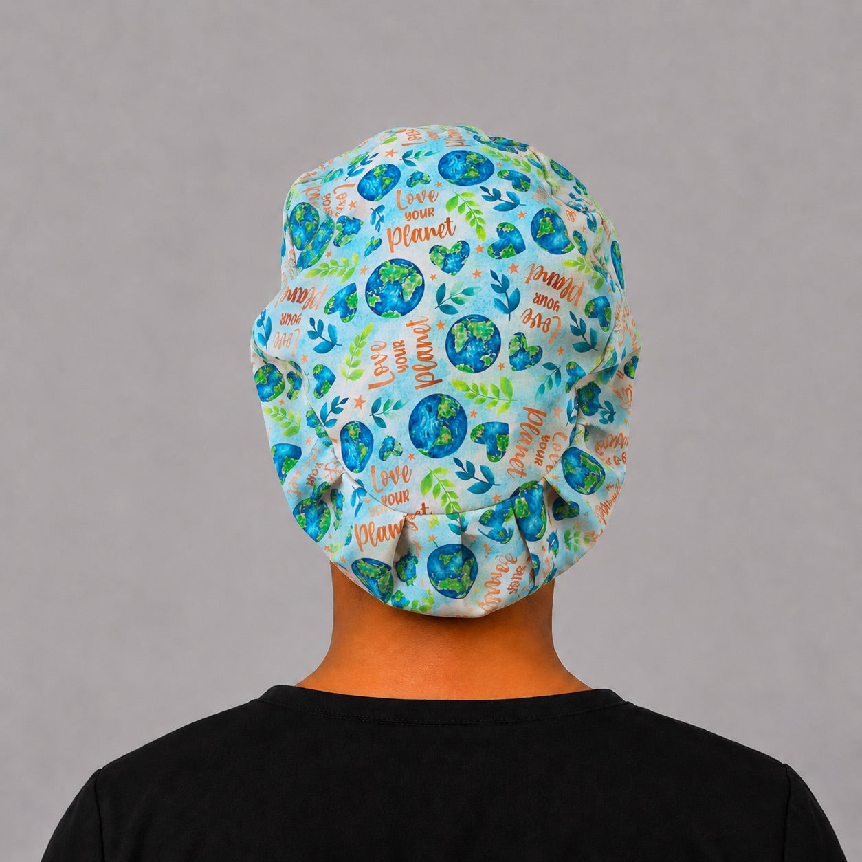 Back view of Love Your Planet Euro scrub cap showing full coverage and elastic gathered back, handmade in USA surgical hat for women.