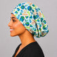 Side profile of Love Your Planet Euro scrub cap with room for long hair, handmade in USA OR World surgical hat for women.