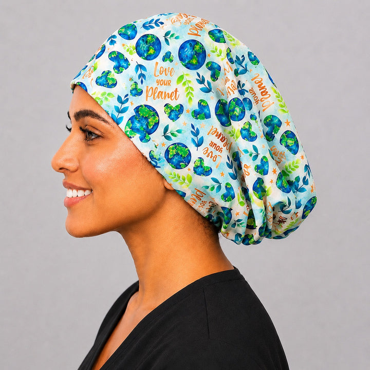 Side profile of Love Your Planet Euro scrub cap with room for long hair, handmade in USA OR World surgical hat for women.