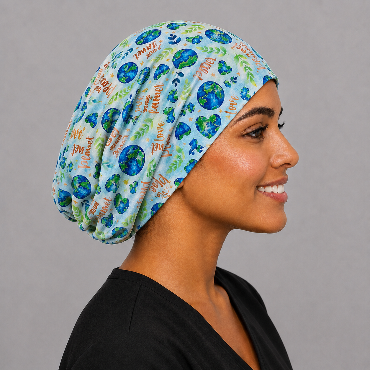 Side view of Love Your Planet Earth Euro scrub cap on a model, handmade in USA surgical hat for OR nurses and surgical techs.
