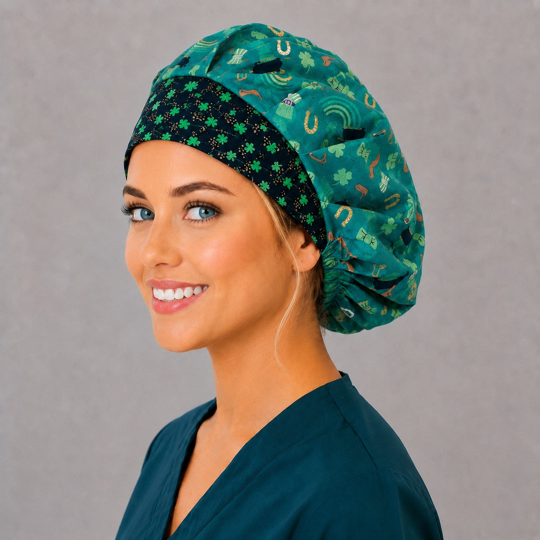 Lucky bouffant surgical cap for women, side profile — roomy elastic-back St. Patrick's Day cap that secures long thick or braided hair