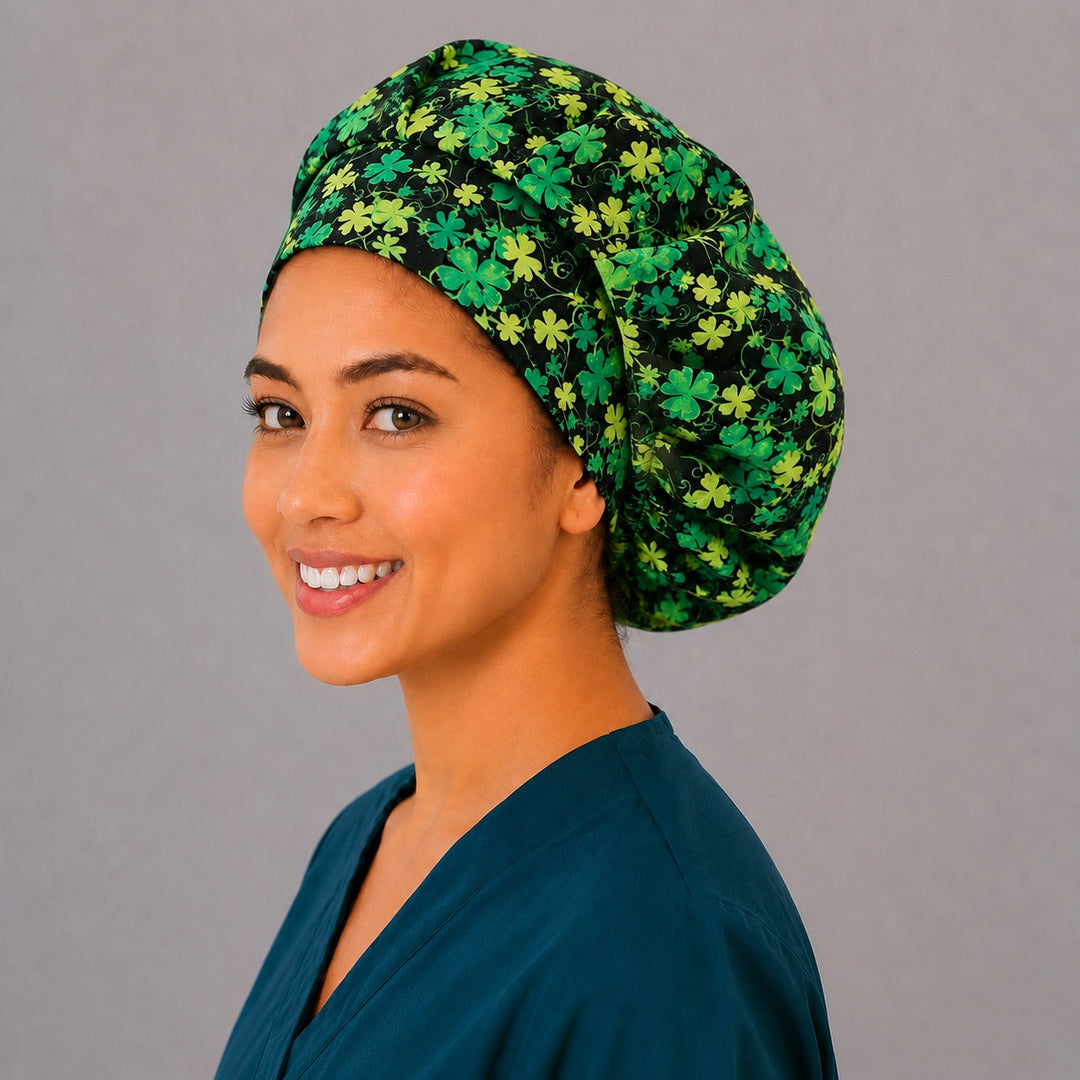 Lucky clover bouffant surgical cap for long hair, left angled view — deep gathered fit that secures thick or braided hair