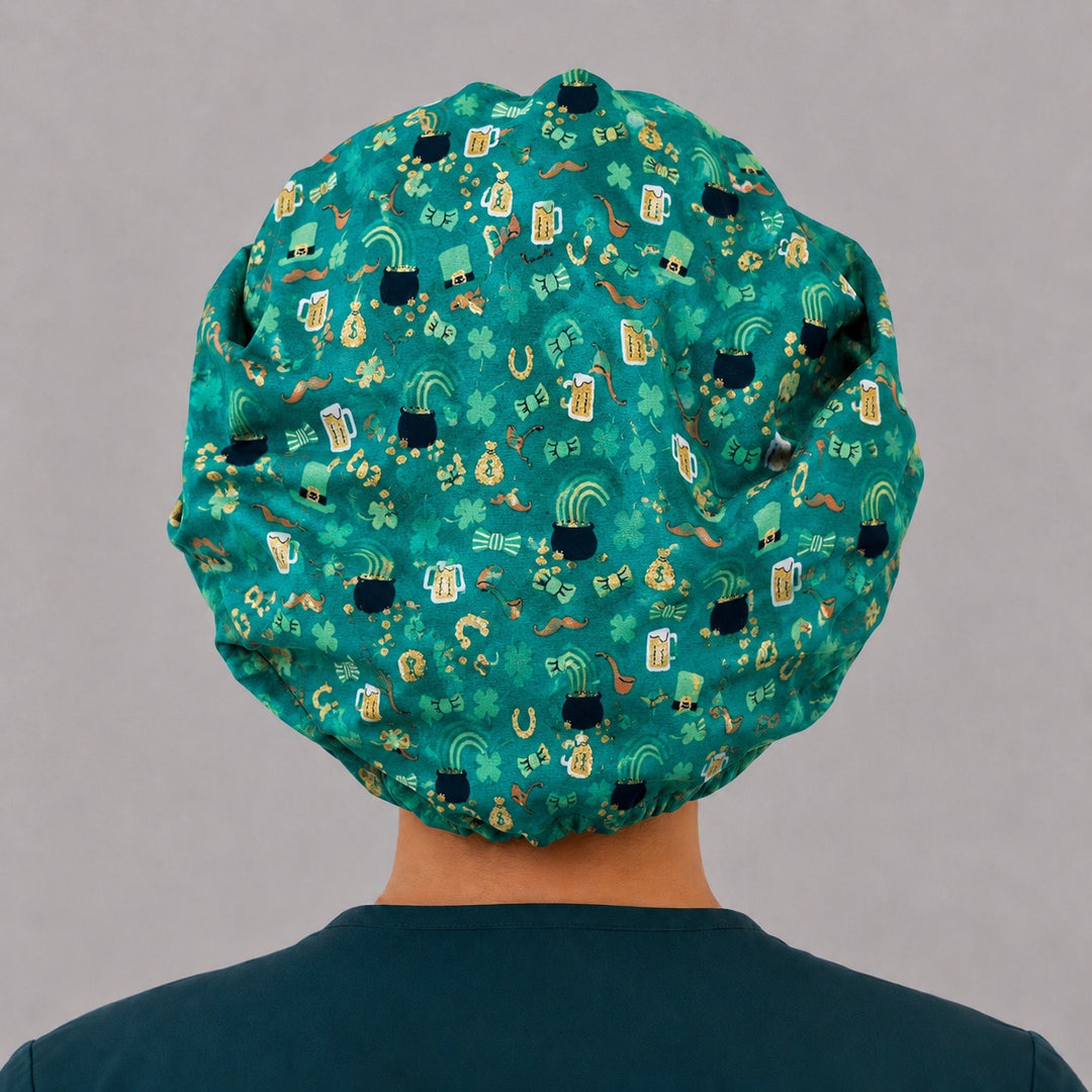 Side view of the lucky clover bouffant surgical hat — rainbows, horseshoes and leprechaun hats with glittering shamrock band, roomy cotton cap
