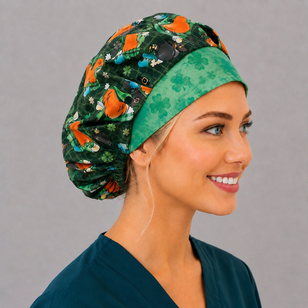 Lucky gnome bouffant scrub cap, right angled smiling view — green plaid and clover print for OR nurses and surgical techs