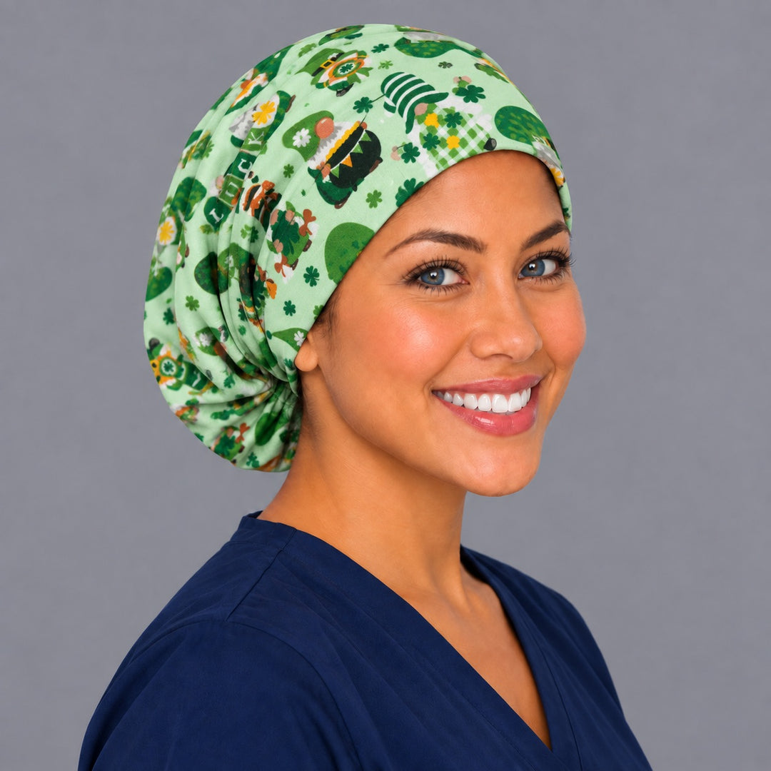Lucky gnome Euro scrub cap, right side profile — four-leaf clover print for OR nurses and surgical techs