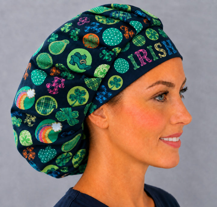 Lucky Irish bouffant cap for women, right side profile with IRISH lettering — handmade St. Patrick&