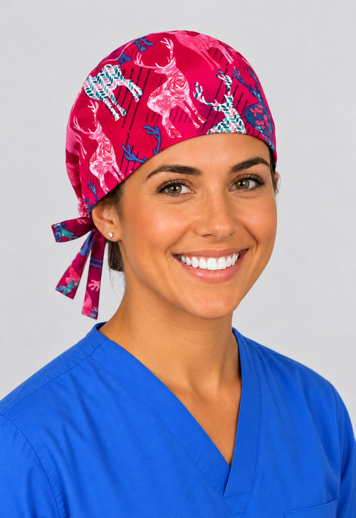 Magenta deer scrub cap in left angled view, woodland surgical hat for vet techs and nurses