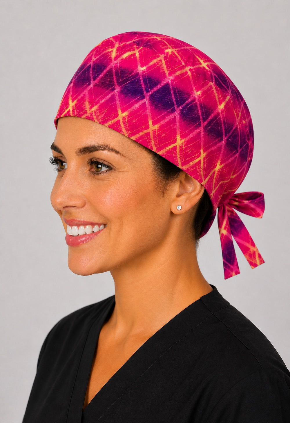 Right profile of magenta starburst scrub cap for women with short hair, colorful OR cap