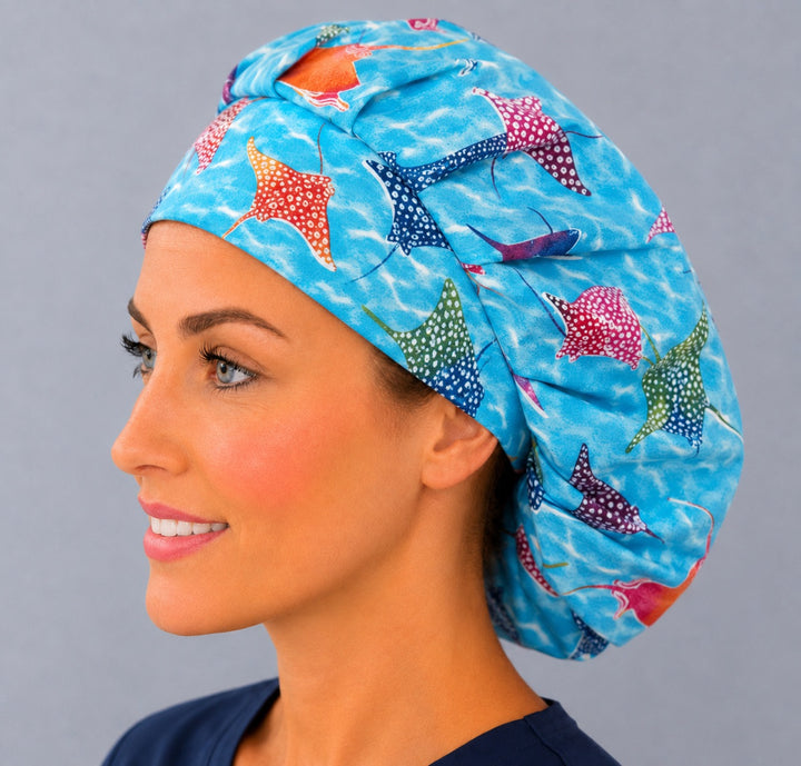 Manta ray sea life bouffant cap for women, opposite side view — colorful stingray ocean print, handmade cotton surgical cap, USA made