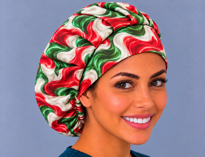 Right three-quarter angle of a marbled swirl bouffant OR cap, with deep pleats at the crown and generous volume over long hair