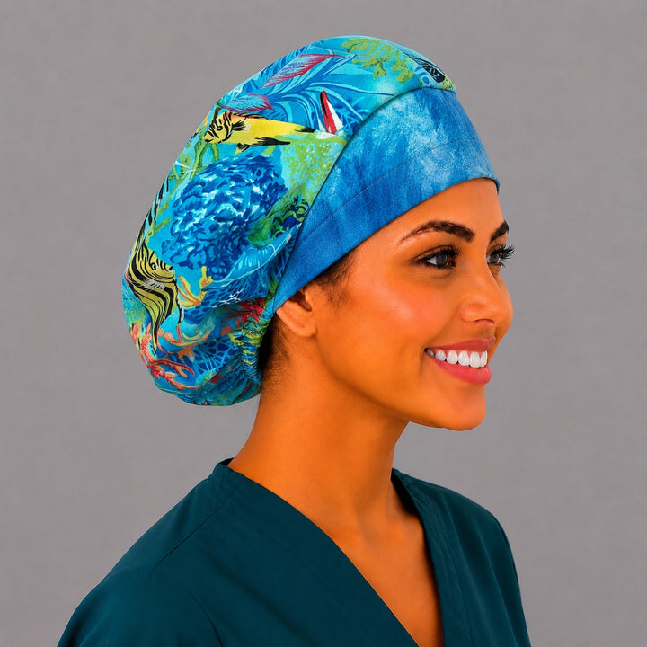 Marine life bouffant cap for women, opposite side view — tropical reef fish and coral print, handmade cotton ocean surgical cap, USA made
