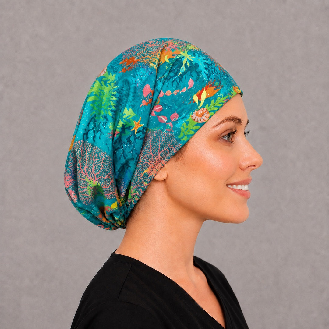 Marine life Euro cap for women, left side profile — handmade tropical reef surgical cap, USA made