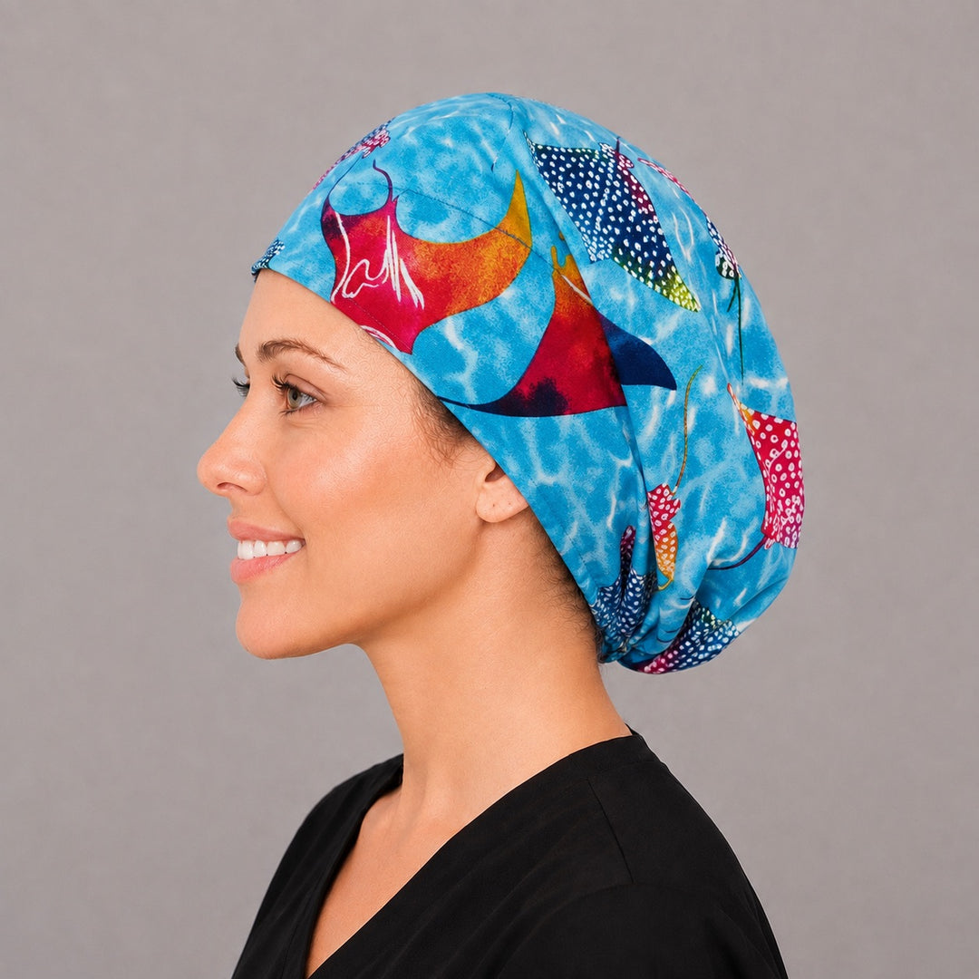 Marine manta ray Euro surgical cap, left side profile — elastic adjustable back with full head coverage for long hair