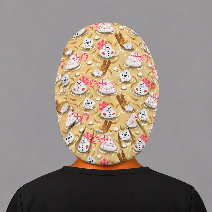 Full back view of the marshmallow snowman Euro scrub cap — flat lay showing candy canes and peppermint whipped cream on gold