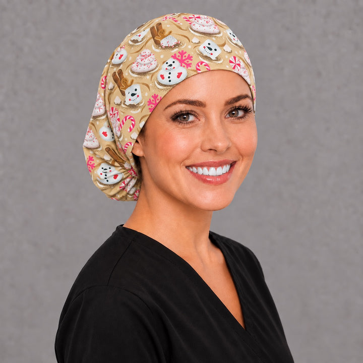 Marshmallow snowman Euro scrub cap, left side profile — handmade holiday cocoa print surgical cap, USA made
