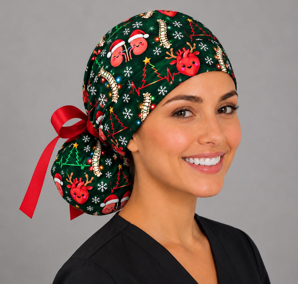 Right three-quarter view of a medical Christmas ponytail cap for long hair, where a red EKG Christmas tree and light-wrapped spine sit along the crown seam