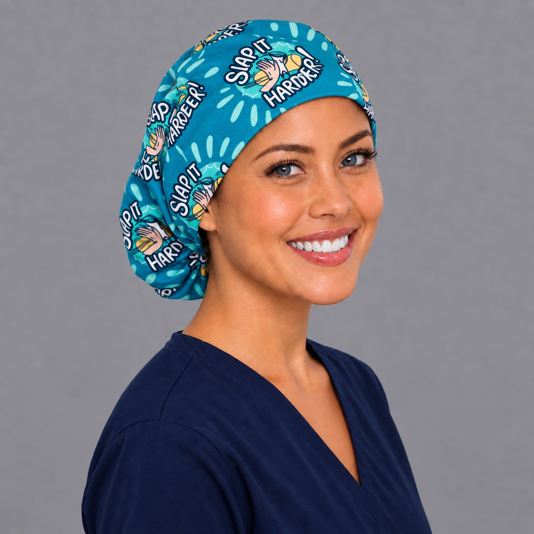 Medical humor Euro scrub cap, left angled view — gloved hand slap print for OR nurses and orthopedic teams