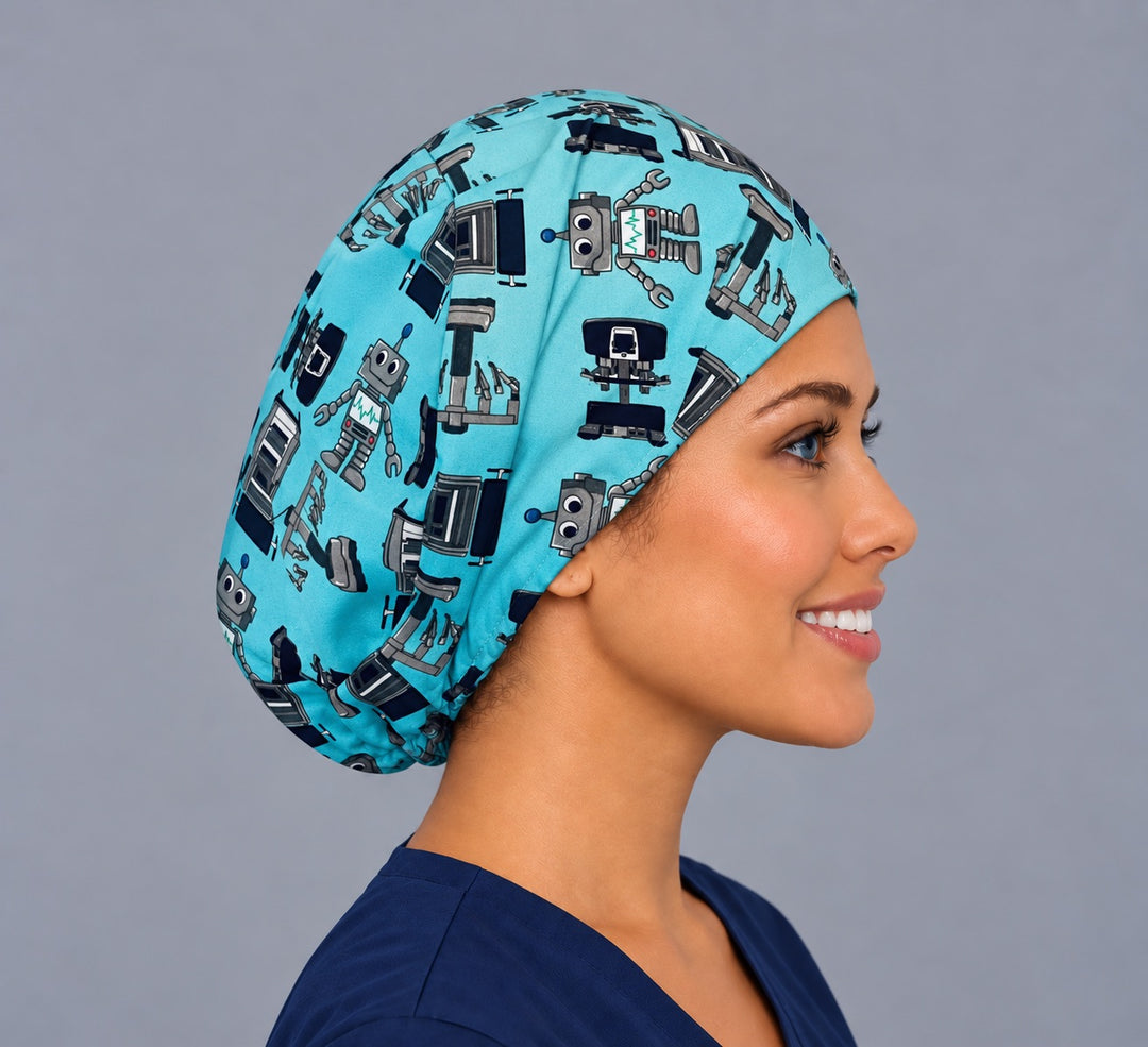 Right side profile of the medical robot Euro surgical hat — robotic arms and OR equipment print, breathable teal cotton cap
