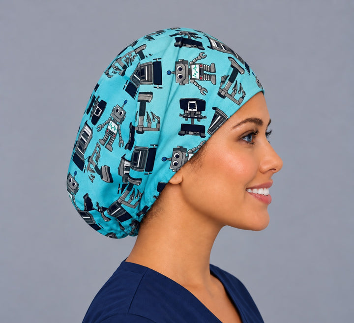 Right side profile of the medical robot Euro surgical hat — robotic arms and OR equipment print, breathable teal cotton cap