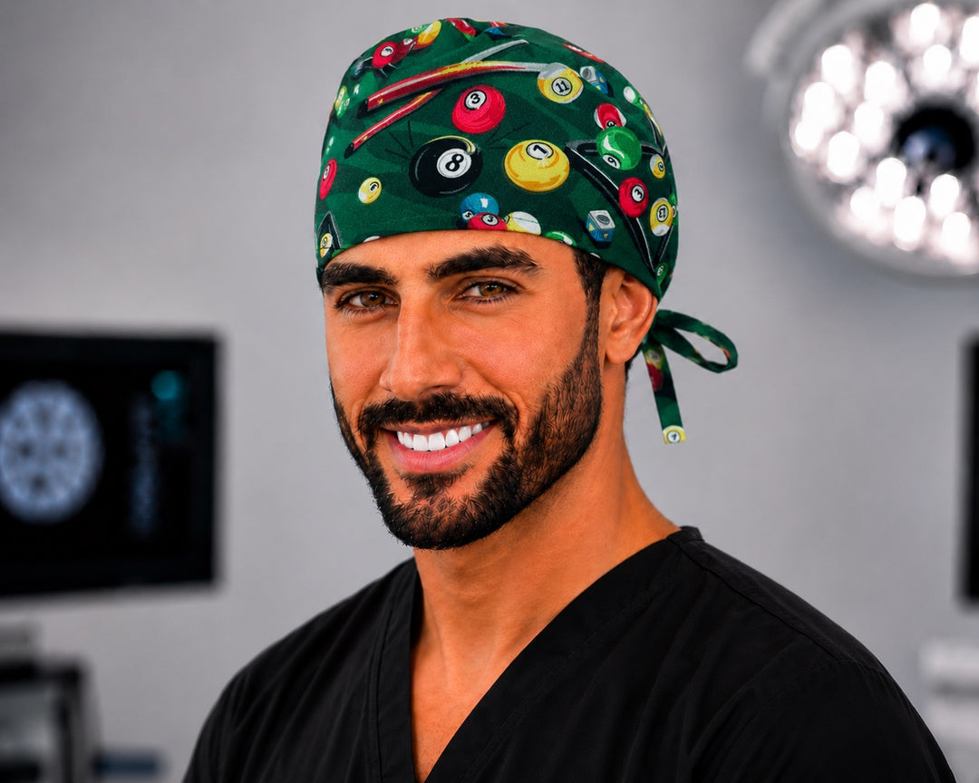Male vet tech wearing OR World green pool billiards tieback scrub cap for men, front view in the operating room