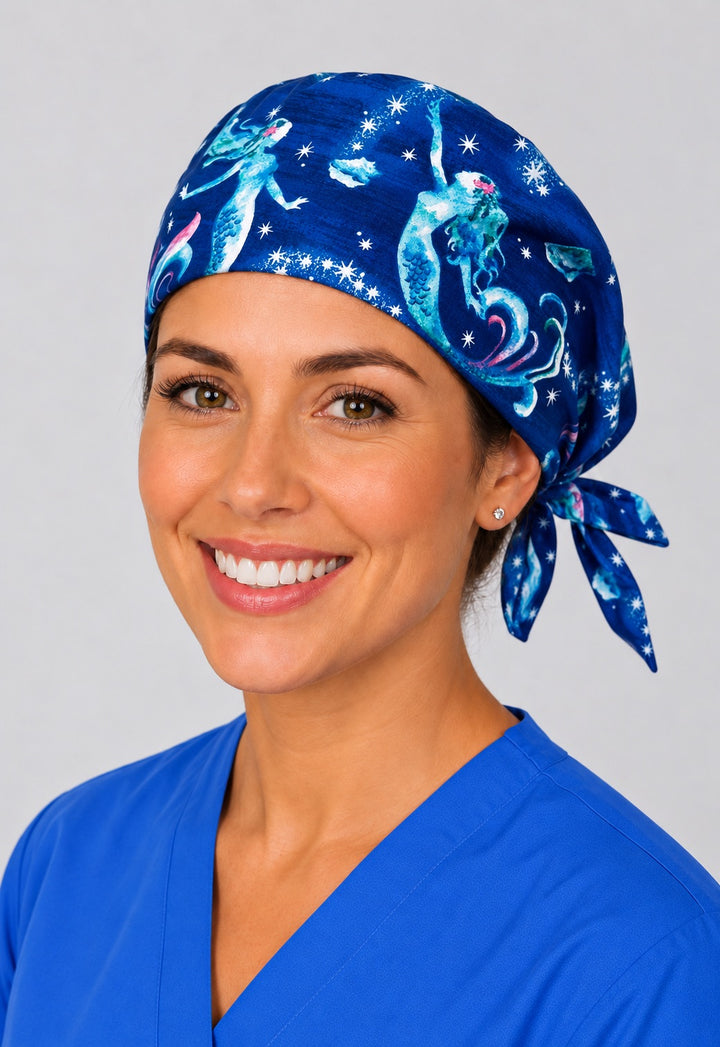 Nurse wearing mermaid galaxy tie back scrub cap, navy ocean and stars surgical hat with side tie by OR World