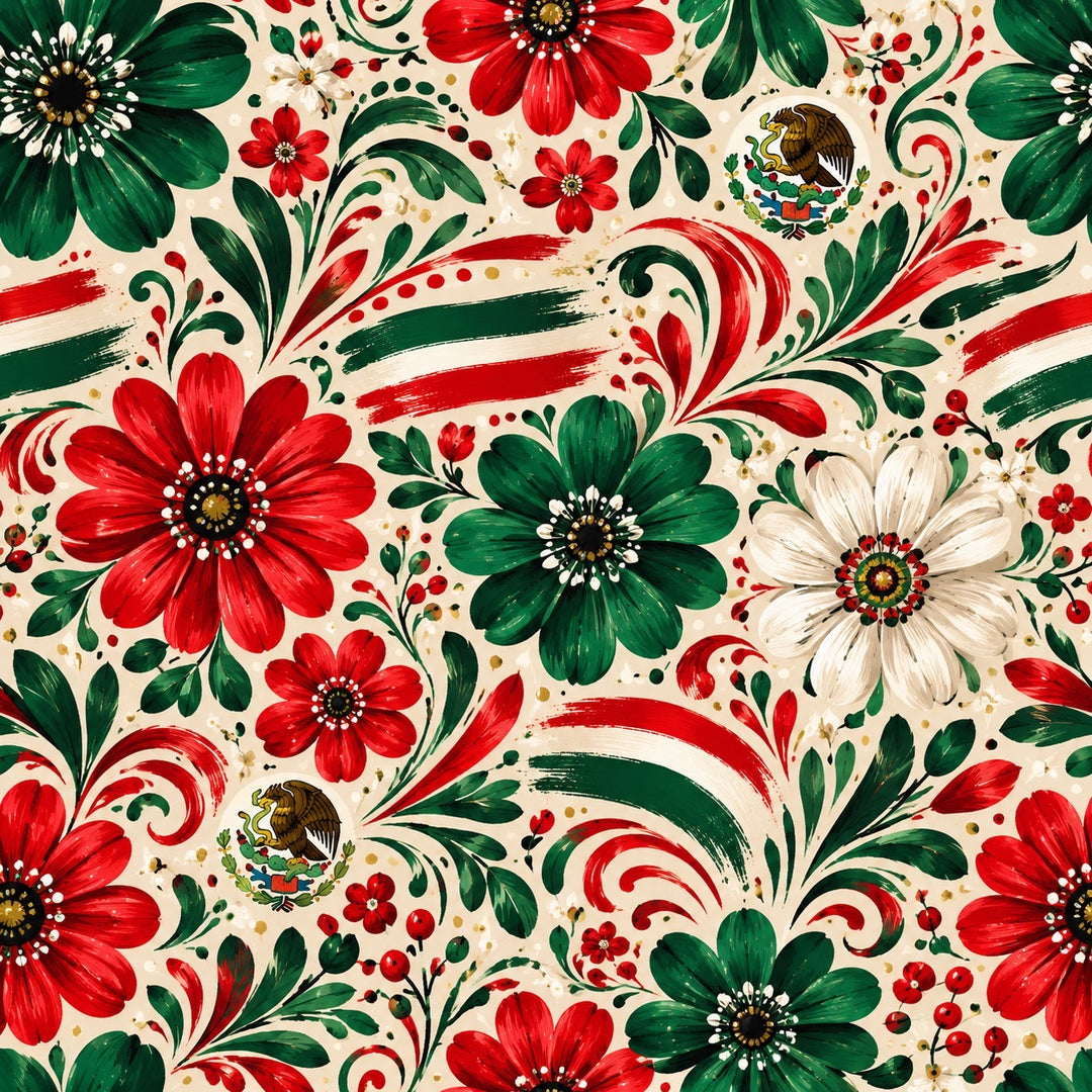 Close-up of the Mexican eagle floral fabric used on this bouffant cap, red, emerald and ivory painted blossoms with the national coat of arms