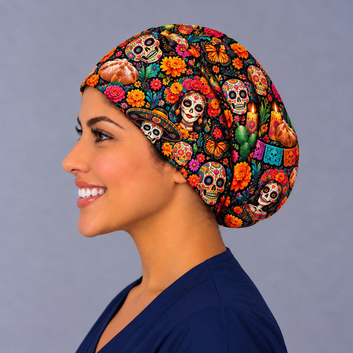 Left profile of a Mexican Euro scrub cap with a sleek low-profile fit and elastic gathered back, printed with sugar skulls, pan de muerto and monarch butterflies