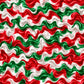 Mexican fiesta fabric print for scrub cap, red white and green satin wave design closeup
