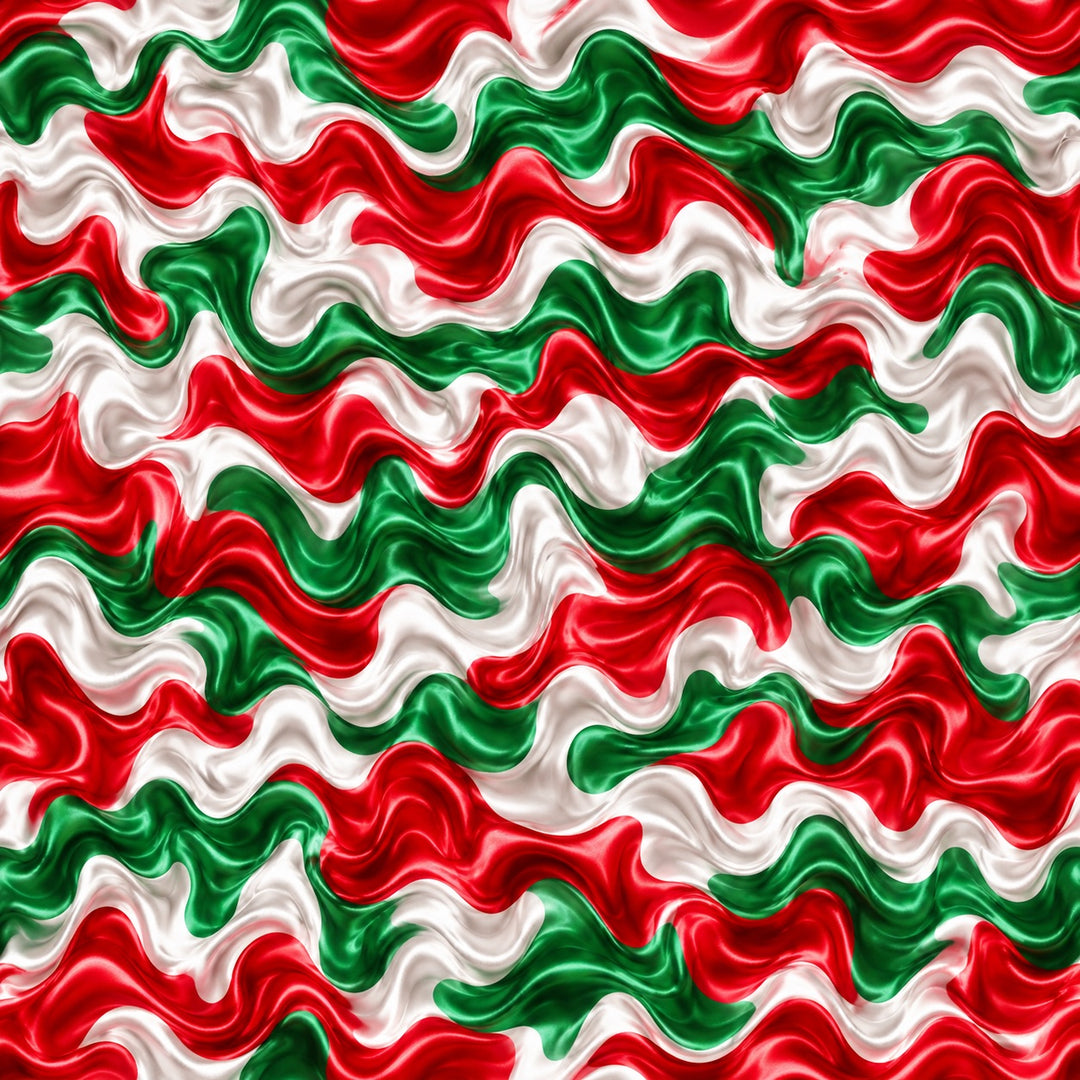 Mexican fiesta fabric print for scrub cap, red white and green satin wave design closeup